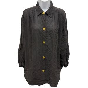 VTG 80s Architect Womens One Sz Upto 2XL Oversized blouse long black gold button